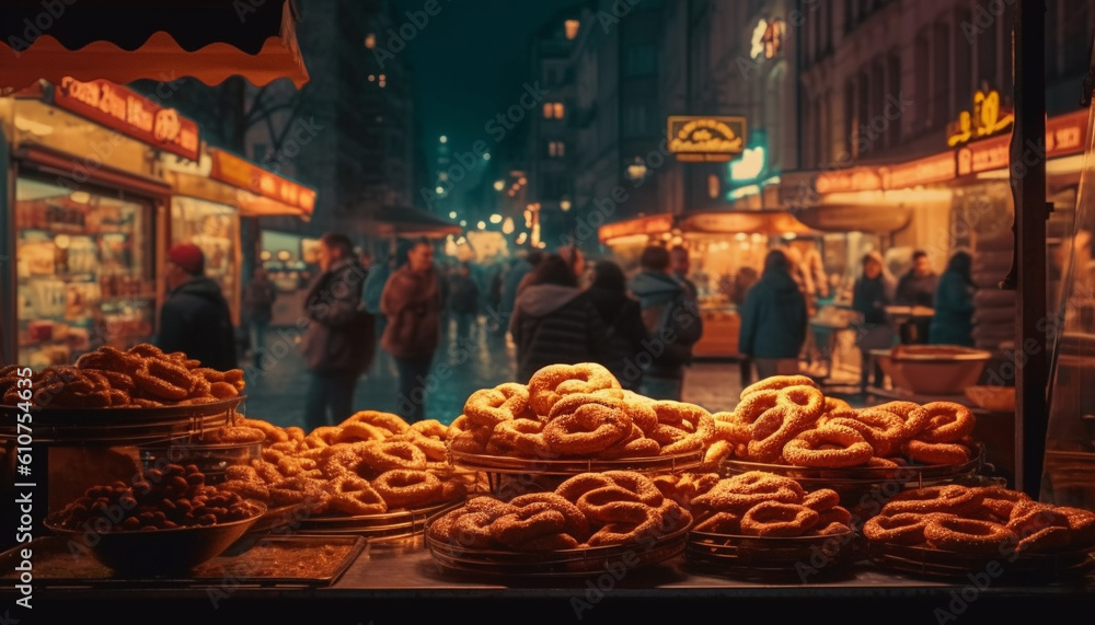 Nighttime street food vendors sell unhealthy snacks to tourists in Istanbul generated by AI