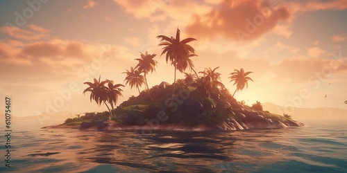 Small uninhabited island with palm trees at dawn. Created with generative AI tools