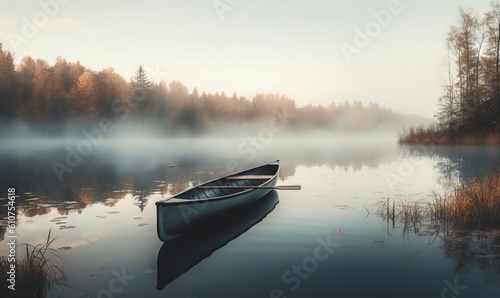  a boat floating on top of a lake next to a lush green forest covered in fog and foggy trees on a foggy day. generative ai