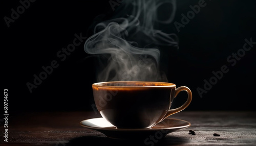 Dark elegance steam rises from fresh black coffee on wooden table generated by AI