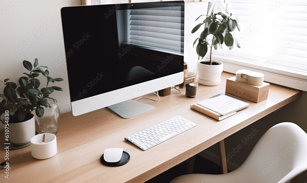 a computer monitor sitting on top of a desk next to a keyboard and a mouse and a potted plant on a desk next to a window. generative ai a computer monitor sitting on top of a desk next to a keyboard and a mouse and a potted plant on a desk next to a window. generative ai