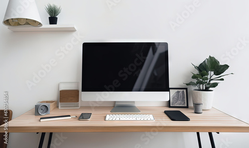  a computer monitor sitting on top of a wooden desk next to a keyboard and a monitor monitor on top of a wooden desk next to a potted plant.  generative ai © Anna