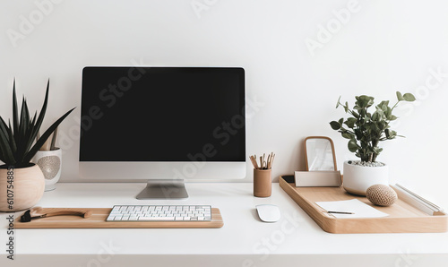  a computer monitor sitting on top of a desk next to a keyboard and a mouse pad with a plant in it on a white desk.  generative ai