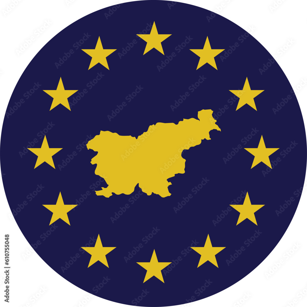 Badge of Yellow Map of Slovenia in colors of EU flag Badge of Yellow Map of Slovenia in colors of EU flag