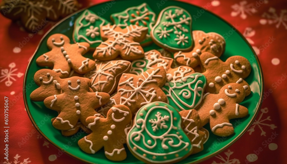 Homemade gingerbread cookies with icing and candy decorations for Christmas generated by AI