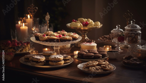 A gourmet dessert table with homemade chocolate cupcakes and cookies generated by AI