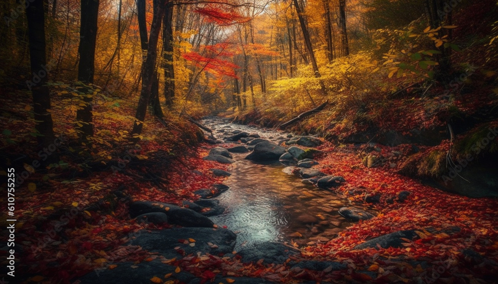 Fototapeta premium Tranquil autumn forest landscape, vibrant colors of yellow and orange generated by AI