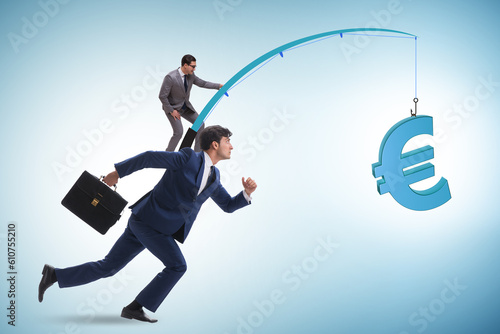 Business people chasing euro on fishing rod