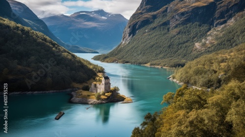 Majestic landscape with towering cliffs, icy waters, and ancient ruins nestled within the rugged terrain