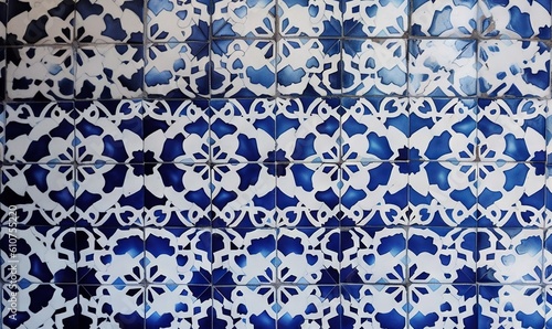  a close up of a blue and white tile wall with a flower design on it's side and a clock on the side of the wall. generative ai