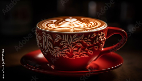 Frothy cappuccino in coffee cup on table at coffee shop generated by AI