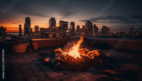 Glowing bonfire igniting natural phenomenon in dark cityscape skyline generated by AI