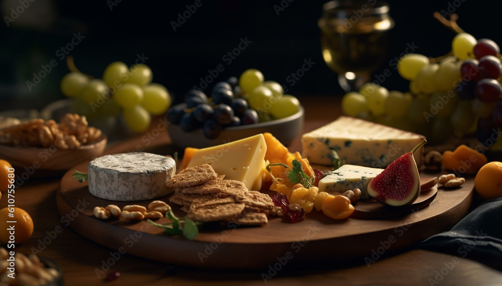 A rustic cheese board with a variety of gourmet dairy products generated by AI