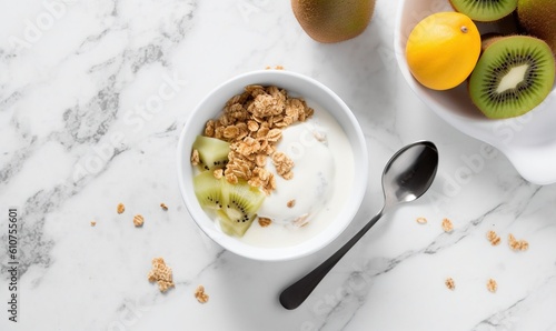  a bowl of yogurt with kiwis and a spoon on a marble countertop next to a bowl of fruit and a bowl of kiwis. generative ai