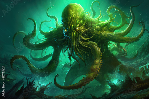 An ancient sea octopus monster, with many tentacles on its snout, eyes glowing green, generative ai 