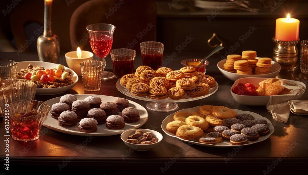 Gourmet dessert table with sweet chocolate cookies and candle decoration generated by AI