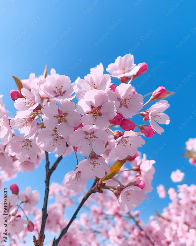 Fototapeta premium close-up of delicate pink cherry blossoms against a clear blue sky, generative ai 