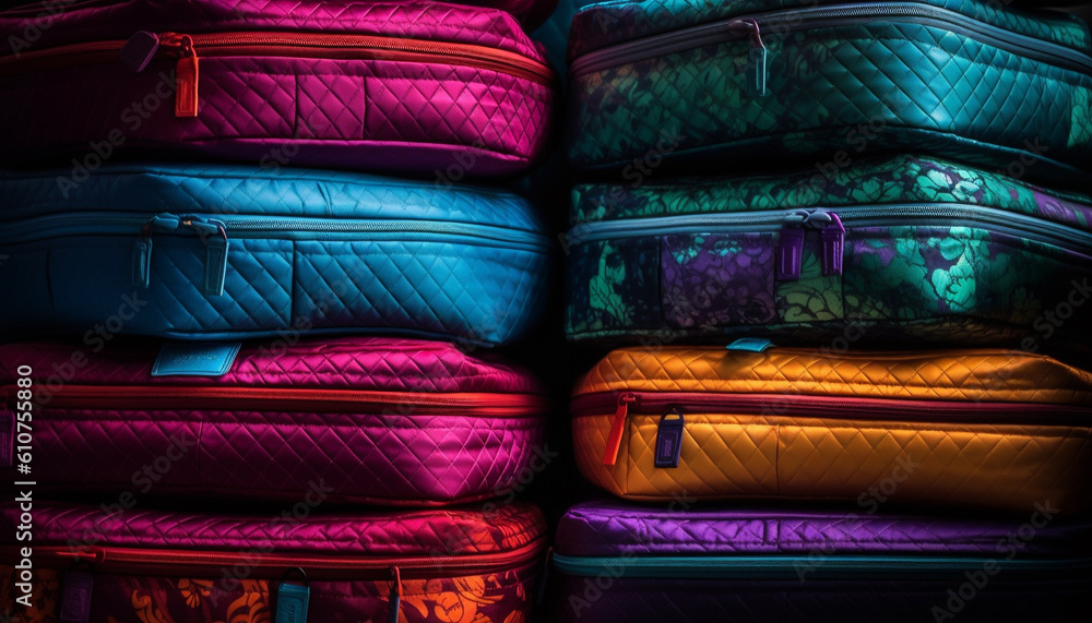 Multi colored textile bags stack on blue pillow in modern bedroom generated by AI Multi colored textile bags stack on blue pillow in modern bedroom generated by AI