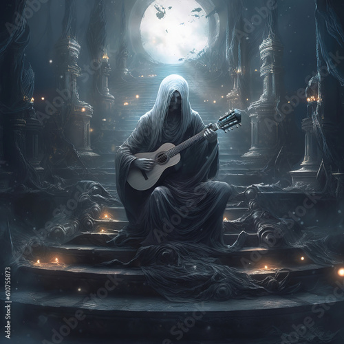 death with a guitar sits on the steps in front of a full moon, generative 