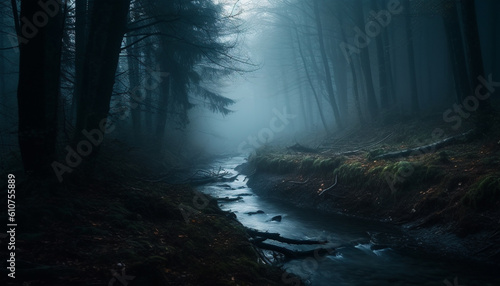 Tranquil scene of a mysterious forest in autumn dark beauty generated by AI