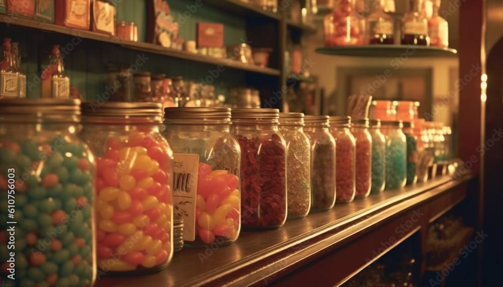 Abundance of sweet food in multi colored jars on store shelf generated by AI