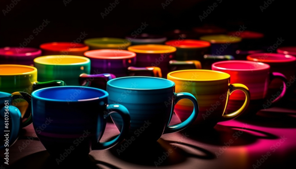 A vibrant collection of crockery in a row on table generated by AI A vibrant collection of crockery in a row on table generated by AI