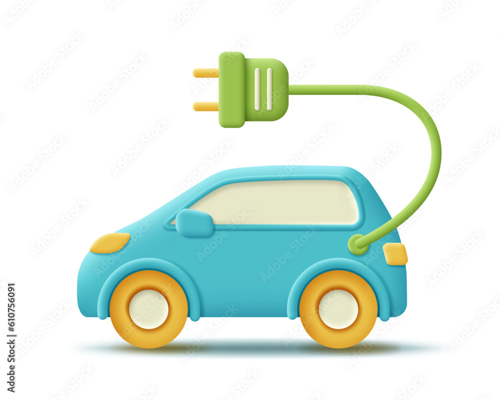 3D electric car with power cable, ecology icon. Render electric car for eco-friendly concept, protect environment, global warming, alternative fuel. 3d vector cartoon minimal illustration. 3D electric car with power cable, ecology icon. Render electric car for eco-friendly concept, protect environment, global warming, alternative fuel. 3d vector cartoon minimal illustration.