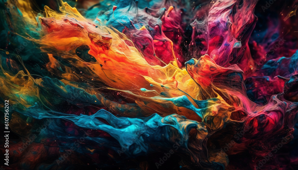 Vibrant colors blend in chaotic patterns, a futuristic backdrop generated by AI