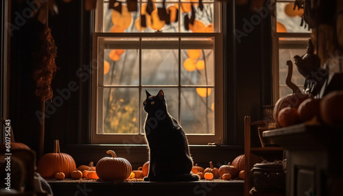 Cute kitten sitting on table, looking out window at spooky autumn night generated by AI