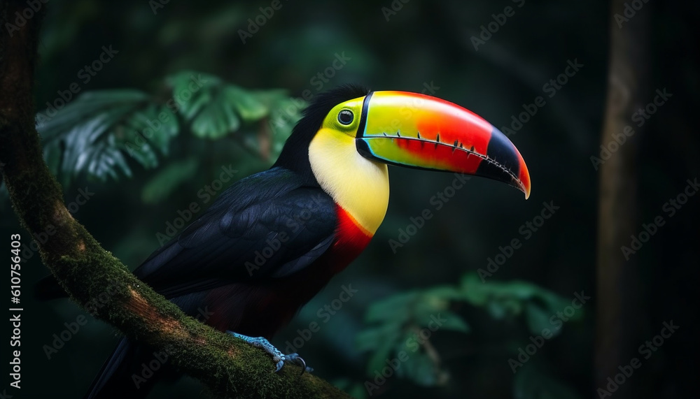 Vibrant toucan perching on branch in tropical rainforest, close up portrait generated by AI Vibrant toucan perching on branch in tropical rainforest, close up portrait generated by AI