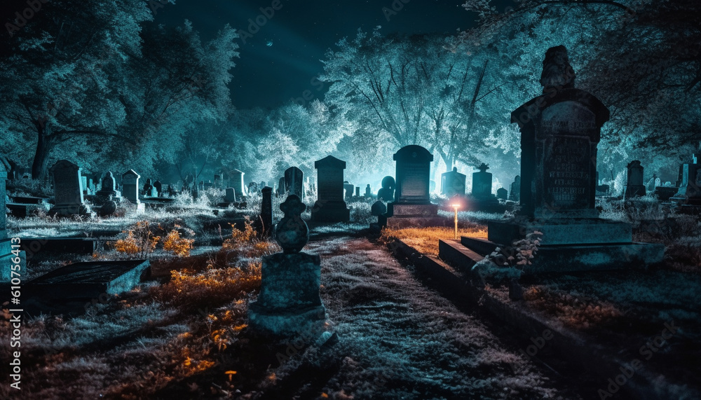 Dark tombstone marks spooky grave of old night horror and religion generated by AI
