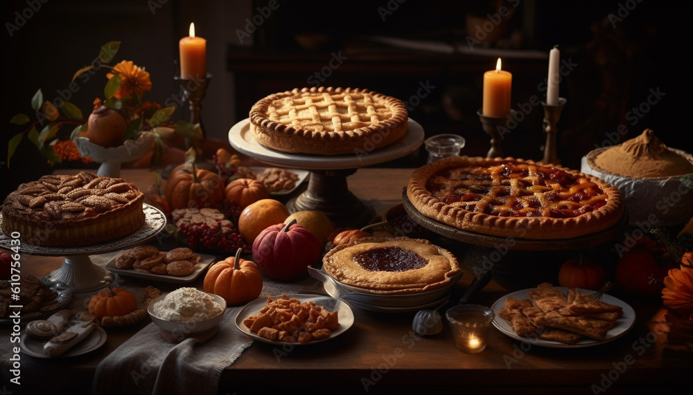 Rustic pumpkin pie and sweet berry pastry, a Halloween indulgence generated by AI