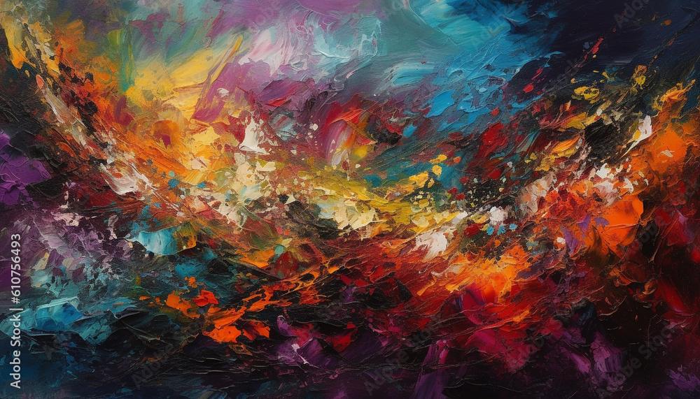 Vibrant colors painted on artists canvas create a chaotic abstract backdrop generated by AI