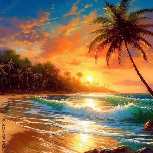A stunningly realistic landscape of paradise tropical island beach scene with crystal clear turquoise waters, golden sands, and lush palm trees swaying in a gentle breeze. Generative AI