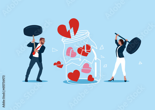 Husband and wife smashes love heart symbol glass Jar sledgehammer. Marriage difficulties problem, divorce. Flat vector illustration