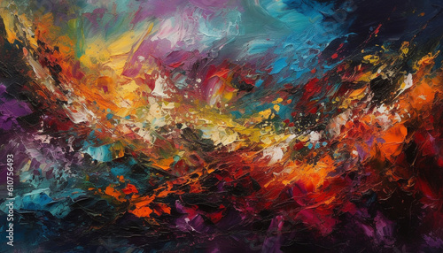 Vibrant colors painted on artists canvas create a chaotic abstract backdrop generated by AI