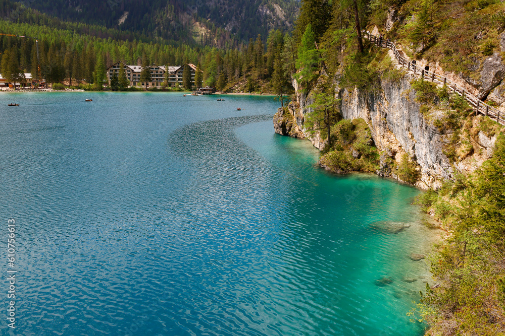 Braies Lake in Dolomites mountains, Sudtirol, Italy. Lake Braies is also known as Lago di Braies.	