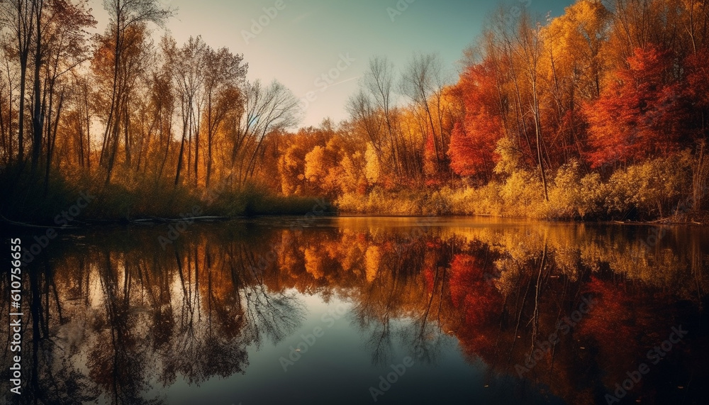 Tranquil autumn forest reflects vibrant sunset over tranquil pond generated by AI