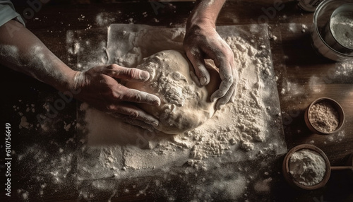 One person kneading dough on table  preparing homemade bread generated by AI