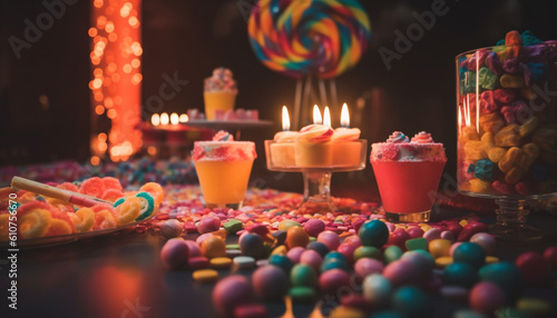 Multi colored candy decoration on table, a sweet indulgence for celebration generated by AI