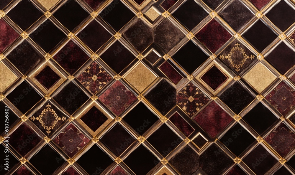 a close up of a tile wall with a gold and red design on it's side and a black and gold design on the other side of the wall. generative ai a close up of a tile wall with a gold and red design on it's side and a black and gold design on the other side of the wall. generative ai