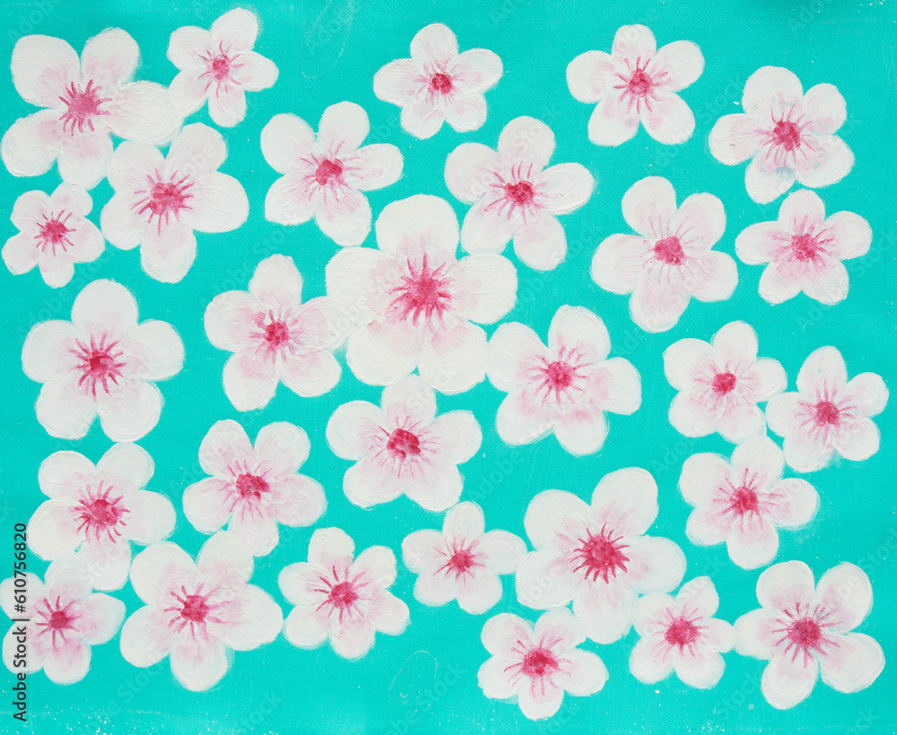 White spring flowers on turguoise acrylic painting White spring flowers on turguoise acrylic painting