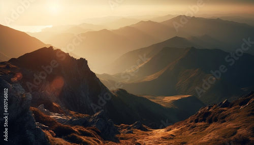 Adventure seekers hike majestic mountain range for breathtaking sunrise view generated by AI