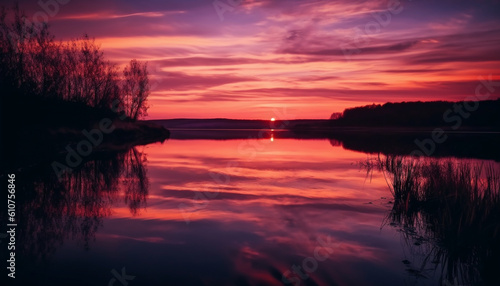 Tranquil sunset over water  reflecting vibrant autumn colors in nature generated by AI