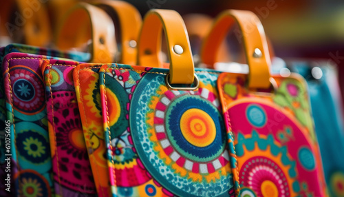 Vibrant multi colored bag collection showcases indigenous cultures' ornate patterns generated by AI