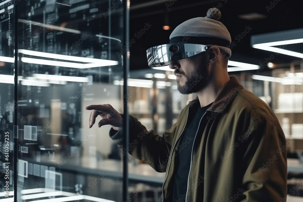 Man with beard standing in room, wearing virtual reality goggles. Adult looking in VR glasses, experiencing 3D gadget technology. Simulator glasses, another reality concept. Generative AI Technology. Man with beard standing in room, wearing virtual reality goggles. Adult looking in VR glasses, experiencing 3D gadget technology. Simulator glasses, another reality concept. Generative AI Technology.