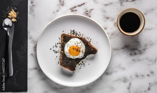  a piece of toast with an egg on top on a white plate next to a cup of coffee and a spoon on a marble table.  generative ai