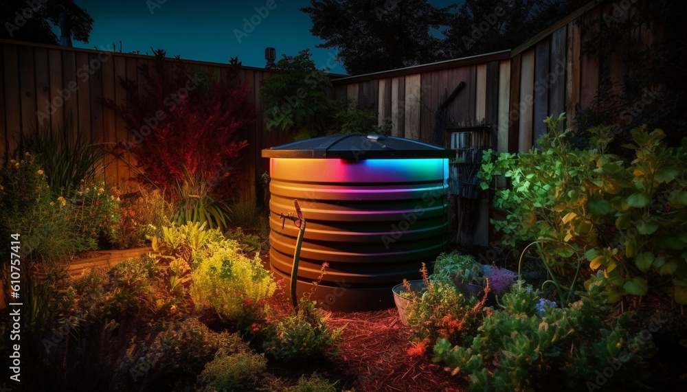 Naklejka premium Tranquil dusk illuminates modern architecture in formal garden oasis generated by AI