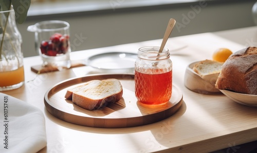  a wooden tray topped with bread and a jar of jam next to a bowl of fruit and a bowl of bread on top of a table. generative ai