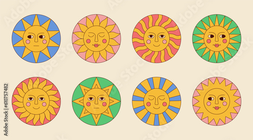 Collection of groovy sun cartoon characters with funny faces in retro trippy style. Vector illustration